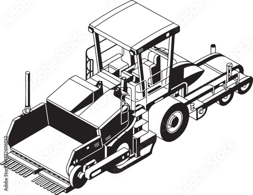 Isometric view of road roller compactor machine used for asphalt paving and surface flattening at construction areas