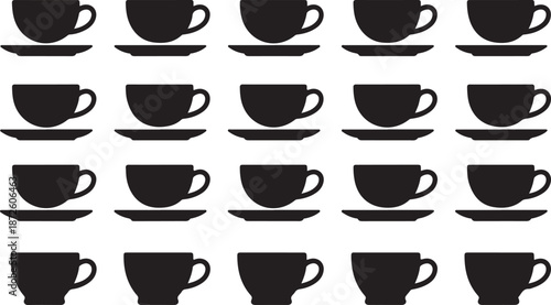 Grid pattern of twenty black silhouette coffee teacups and saucers aligned in rows perfect for cafe menu display