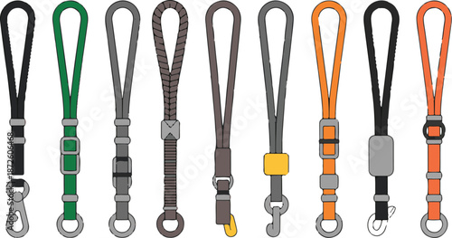 Row of nine colorful lanyard straps with metal clips or hooks ideal for keys badges or electronic devices security