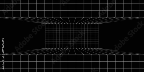 Abstract futuristic perspective grid box. Abstract wireframe with white grid line on black background. abstract decoration