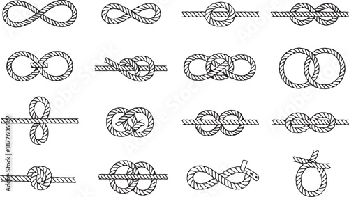 Set of nautical and climbing knots vector black and white icons collection isolated on checkered background graphic illustration outline symbol