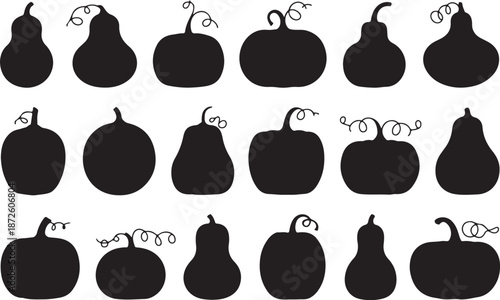 Group of various gourd and pumpkin silhouettes representing autumn harvest decorations and seasonal fruit shapes