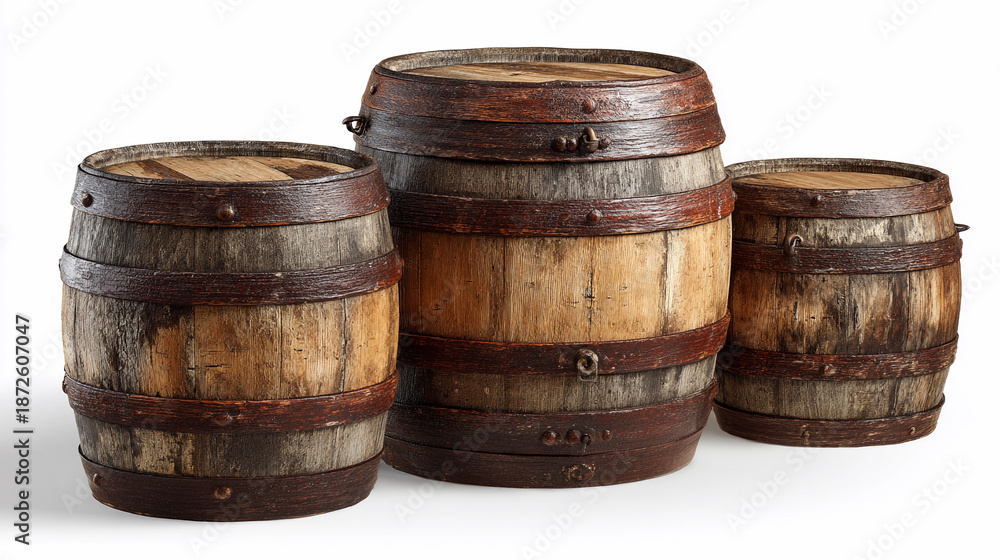Fototapeta premium Wooden barrels stacked on a white background in a simple arrangement