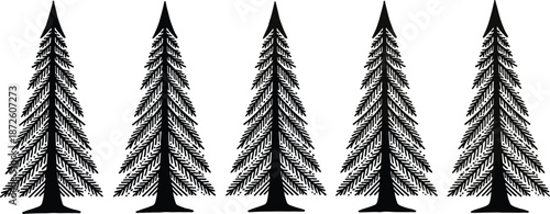 Hand drawn pine tree silhouette set, evergreen fir forest collection, winter woodland nature illustration, black trees isolated on white background