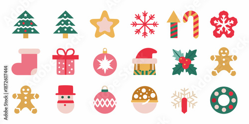 Festive christmas icons including trees stars gingerbread and holiday decorations
