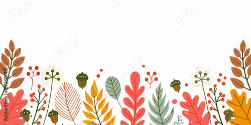 Autumn leaves and foliage border design with acorns and botanical elements