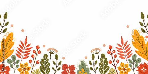 A colorful floral arrangement with autumn leaves and delicate botanical illustrations