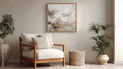 Cozy chair with art and plants in modern indoor space