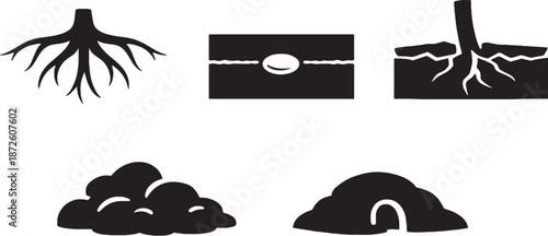 Spring soil and root activity black silhouette icon set eps
