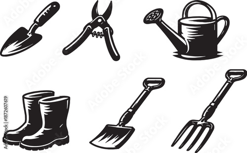 Spring gardening tools black silhouette icon set eps