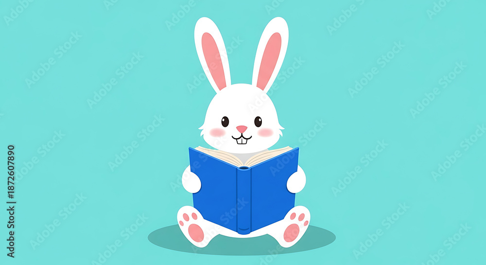 Fototapeta premium White Cartoon Bunny Reading Blue Book.