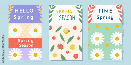 Colorful spring banners with floral elements and seasonal greetings
