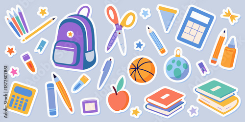 Colorful school supplies arrangement pencils backpack books and other learning tools