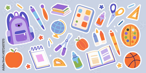 Back to school colorful stationery books and learning supplies illustration