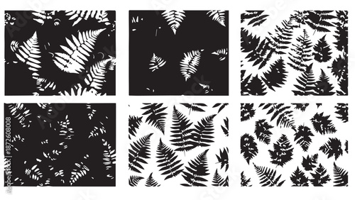 Monochrome Fern Leaves Pattern Across Abstract Botanical Tiles.