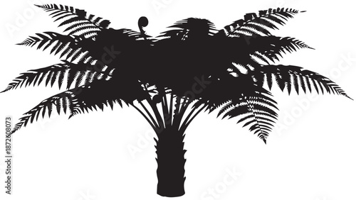 Silhouette of a lone palm tree with bold black fronds against a plain background.