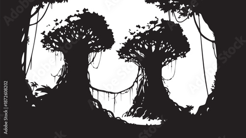 Silhouetted twin trees create a dramatic surreal forestscape in stark contrast.