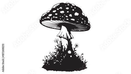 Monochrome illustration of a lone mushroom emerging from mossy ground in a forest.