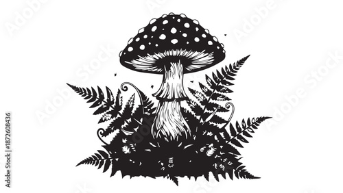 Intricate black and white mushroom illustration with surrounding ferns.