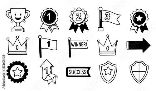 Hand drawn ranking and achievement icon collection with stars trophies and award badges