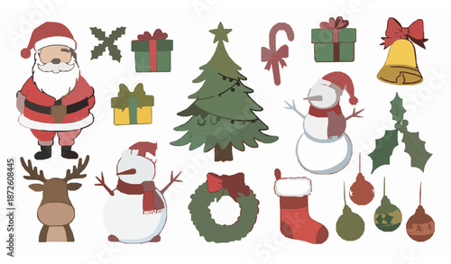 Hand drawn Christmas illustration vector set with Santa tree gifts and holiday decorations