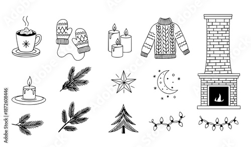 Hand drawn cozy Christmas winter illustration set with festive seasonal elements