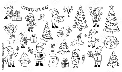 Hand drawn Christmas celebration vector collection with festive holiday characters and scenes