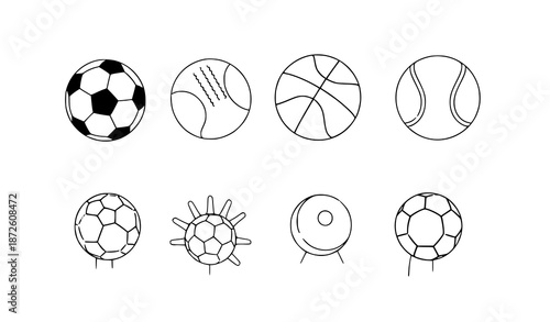 Hand drawn ball game equipment line illustration set with sports balls icons