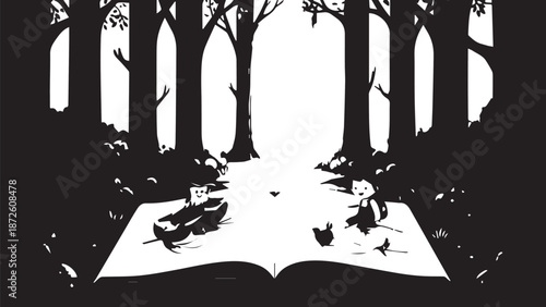 An Open Book Lying Among Silent Forest Trees, Evoking Imagination and Nature's Mystery.