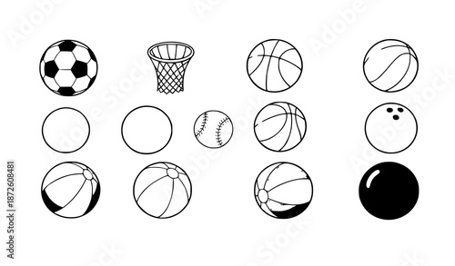 Hand drawn colorful sports ball vector collection with playful cartoon game equipment