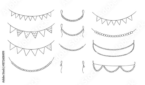 Hand drawn patterned garland illustration set with minimalist festive hanging decor