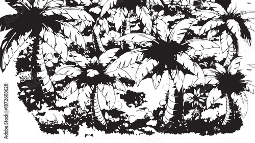 Dense silhouette of tropical palm trees against a bright sky in high-contrast monochrome scene.