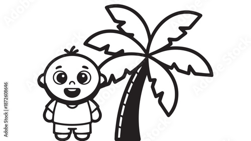 Cute cartoon child standing beside a palm tree on a sunny beach illustration.