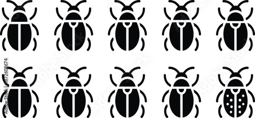 Set of minimalist beetle and bug icons featuring solid black silhouettes and variations of ladybug wing patterns with white spots.