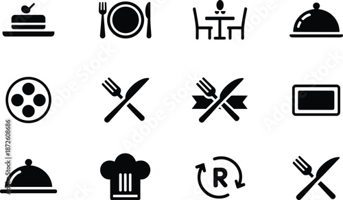Professional restaurant and dining service icons featuring chef hats, formal place settings, serving cloches, and table reservation symbols in solid black silhouette.
