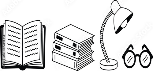 Professional study and education icon set featuring an open book, a stack of textbooks, a flexible desk lamp, and reading glasses in a clean black line-art style.