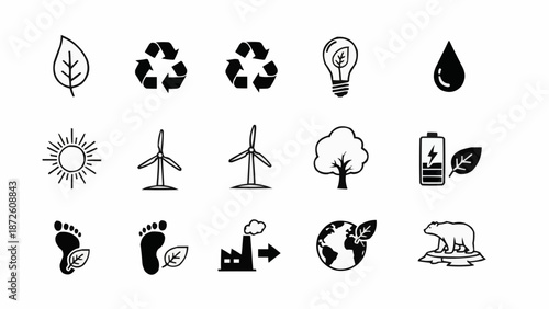 Collection of hand-drawn environmental and eco-friendly icons.