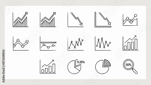 Collection of hand-drawn financial charts and graphs icons.