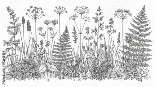 Collection of Hand Drawn Wild Plants and Flowers Botanical Illustration.
