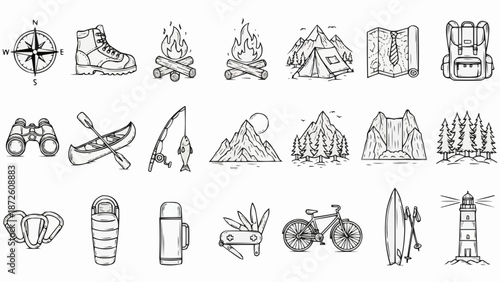 Collection of hand-drawn outdoor adventure and camping icons.