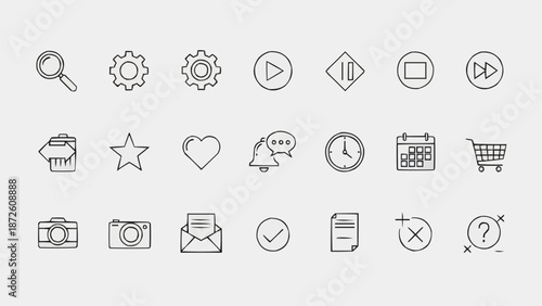 Collection of hand-drawn outline icons for user interface design.