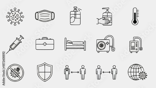 Collection of healthcare and virus protection icons.
