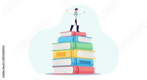 Triumphant Doctor Standing on Stack of Books. Medical Education, Knowledge, and Professional Achievement.