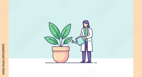 Scientist in Lab Coat Watering Potted Plant - Biology, Botany Research, Growth Concept Illustration