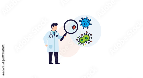 Doctor examining viruses and bacteria with a magnifying glass. Microbiology research, disease diagnosis, and pathogen identification concept.