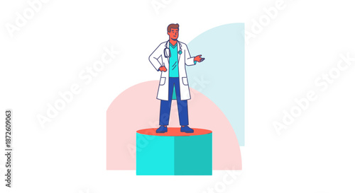 Professional Doctor Speaker Standing on Podium. Healthcare Expert Giving Medical Advice or Presentation. Modern Line Art Vector Illustration.