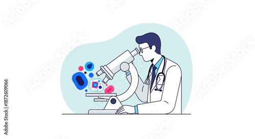 Medical Researcher Studying Cells Under Microscope. Doctor in Lab Coat Conducting Scientific Research and Cellular Analysis. Flat Line Illustration.