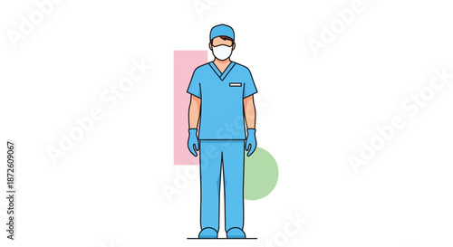 Professional Doctor or Surgeon in Blue Scrubs, Face Mask, and Gloves. Healthcare Worker Flat Vector Illustration.
