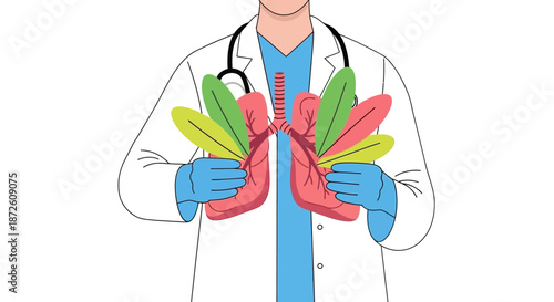 Doctor Holding Lungs with Leaves. Respiratory Health, Clean Air, and Pulmonology Care Concept. Vector Illustration for Environmental and Medical Campaigns.