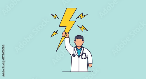 Doctor holding lightning bolt vector illustration. Medical power, quick fix, innovative healthcare solution, emergency speed, and breakthrough energy.